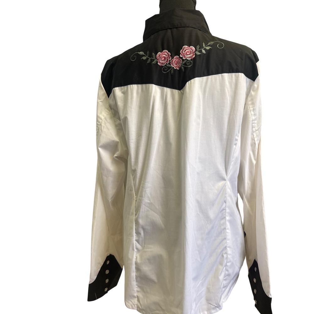 Grand Ole Opry Womens Western Snap Button Shirt Rose Embroidered White Black 1X - Picture 3 of 4